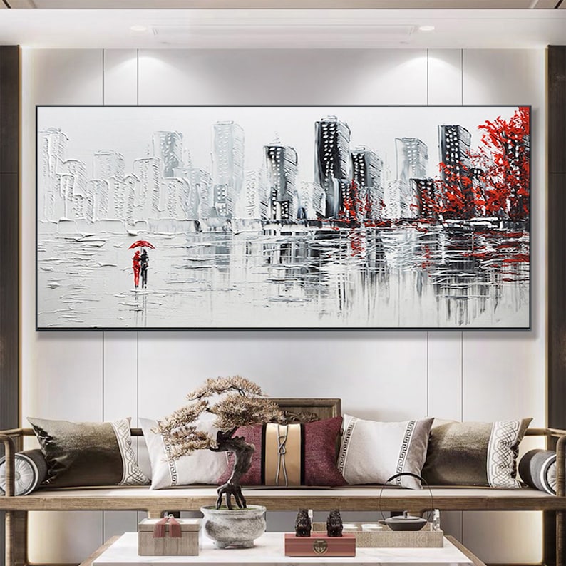 Abstract Romantic Couple Oil Painting on Canvas, Large Wall Art, Original City Landscape Painting Minimalist Art Custom Living Room Decor - Oil Painting Haven Oil Painting Haven