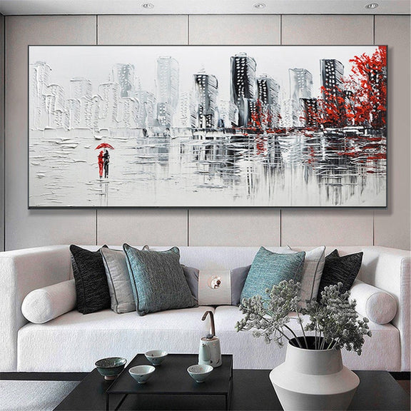 Abstract Romantic Couple Oil Painting on Canvas, Large Wall Art, Original City Landscape Painting Minimalist Art Custom Living Room Decor - Oil Painting Haven Oil Painting Haven