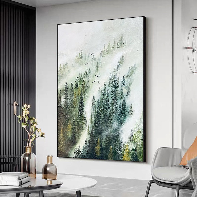 Abstract Forest Oil Painting on Canvas, Large Wall Art, Original Green Mountian Landscape Art, Minimalist Custom Painting Living Room Decor - Oil Painting Haven Oil Painting Haven