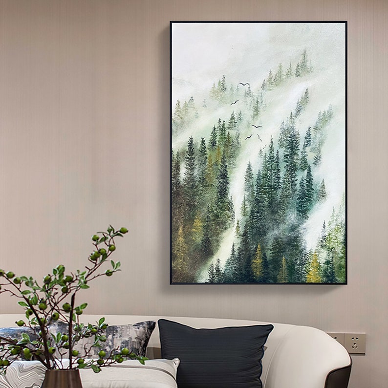 Abstract Forest Oil Painting on Canvas, Large Wall Art, Original Green Mountian Landscape Art, Minimalist Custom Painting Living Room Decor - Oil Painting Haven Oil Painting Haven