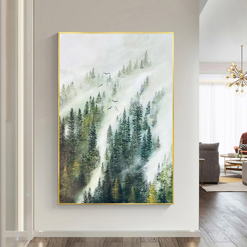 Abstract Forest Oil Painting on Canvas, Large Wall Art, Original Green Mountian Landscape Art, Minimalist Custom Painting Living Room Decor - Oil Painting Haven Oil Painting Haven