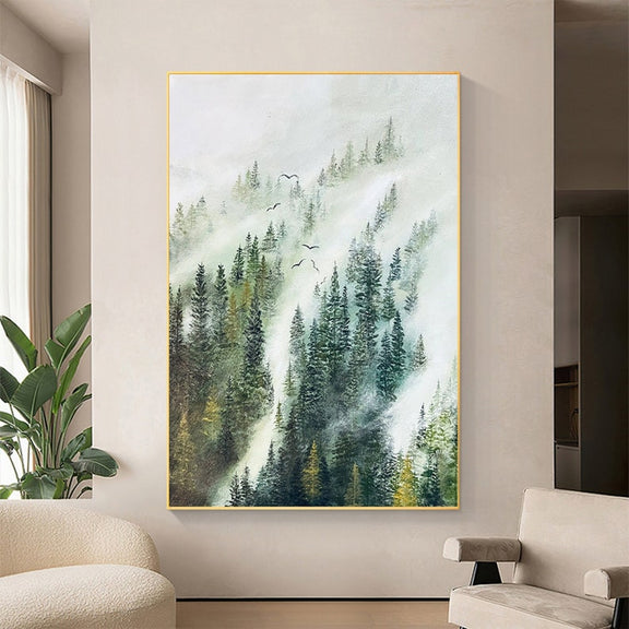 Abstract Forest Oil Painting on Canvas, Large Wall Art, Original Green Mountian Landscape Art, Minimalist Custom Painting Living Room Decor - Oil Painting Haven Oil Painting Haven