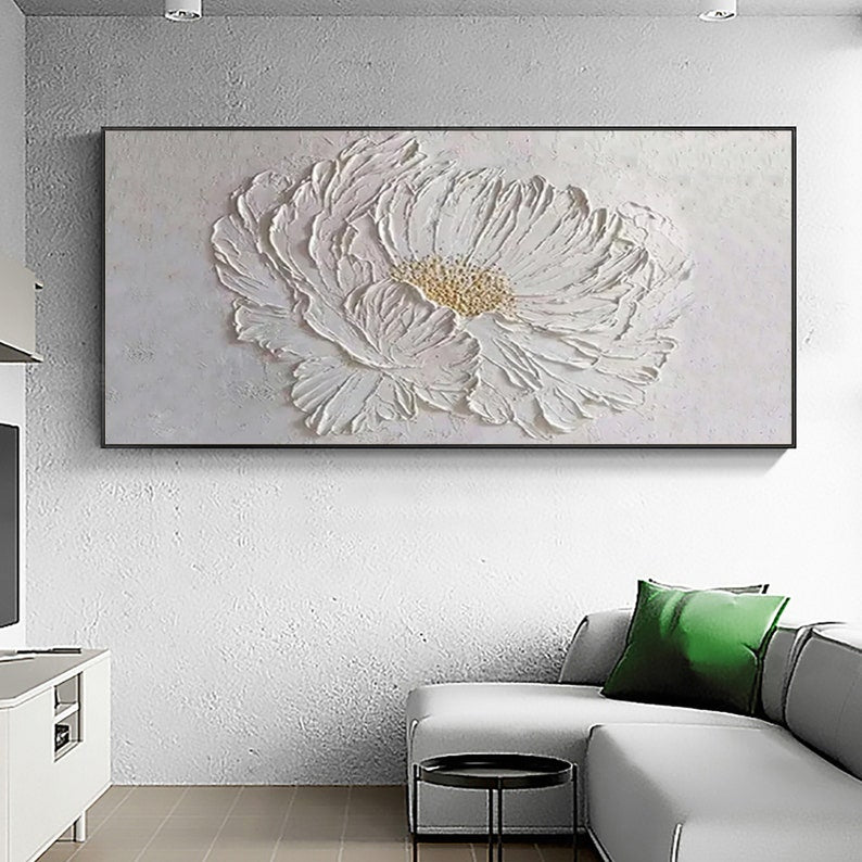 Large Flower Oil Painting on Canvas, Canvas Wall Art, Original Abstract Minimalist Art White Decor, Custom Painting Living Room Home Decor - Oil Painting Haven Oil Painting Haven