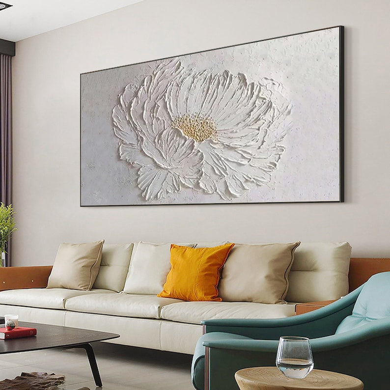 Large Flower Oil Painting on Canvas, Canvas Wall Art, Original Abstract Minimalist Art White Decor, Custom Painting Living Room Home Decor - Oil Painting Haven Oil Painting Haven