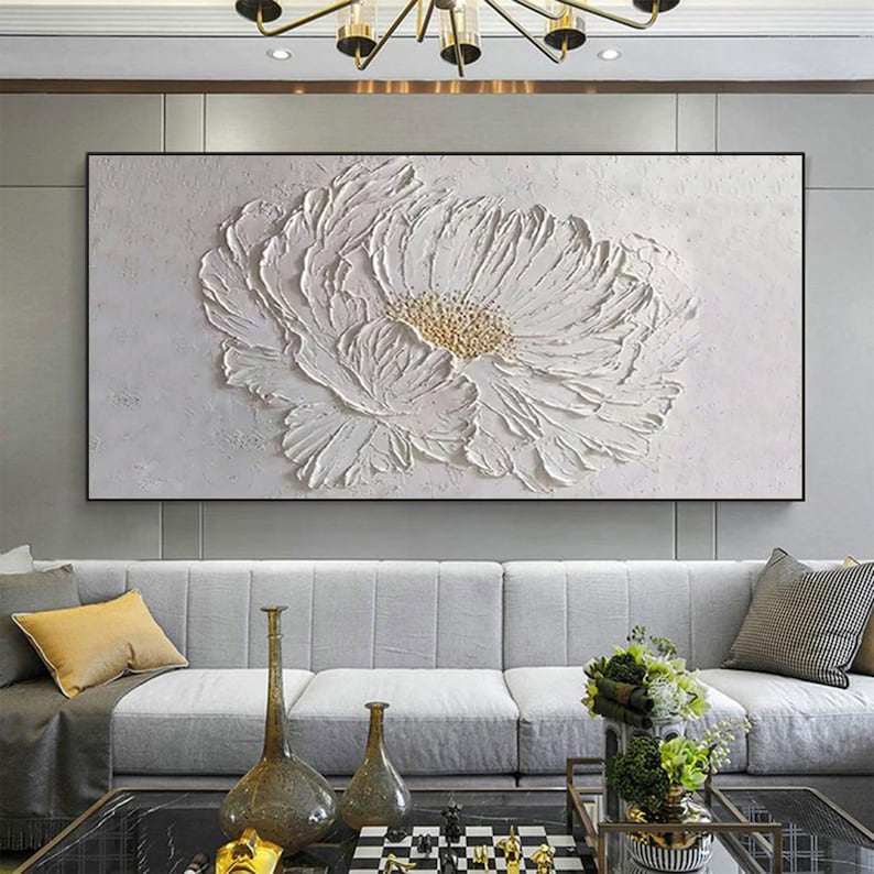 Large Flower Oil Painting on Canvas, Canvas Wall Art, Original Abstract Minimalist Art White Decor, Custom Painting Living Room Home Decor - Oil Painting Haven Oil Painting Haven