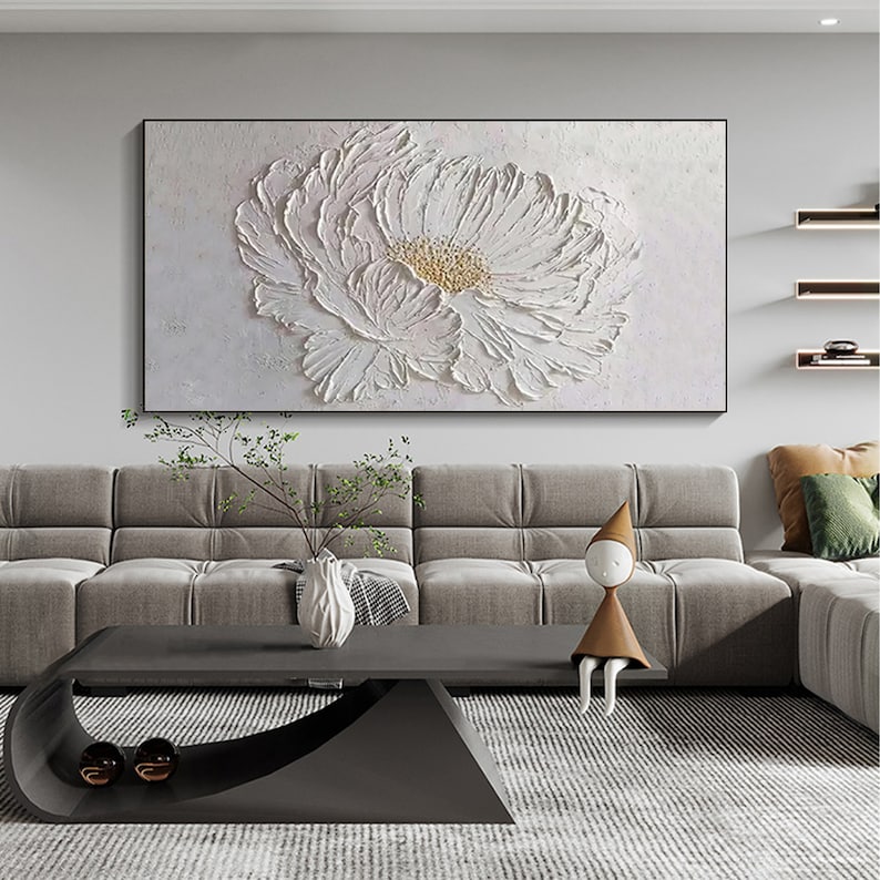 Large Flower Oil Painting on Canvas, Canvas Wall Art, Original Abstract Minimalist Art White Decor, Custom Painting Living Room Home Decor - Oil Painting Haven Oil Painting Haven