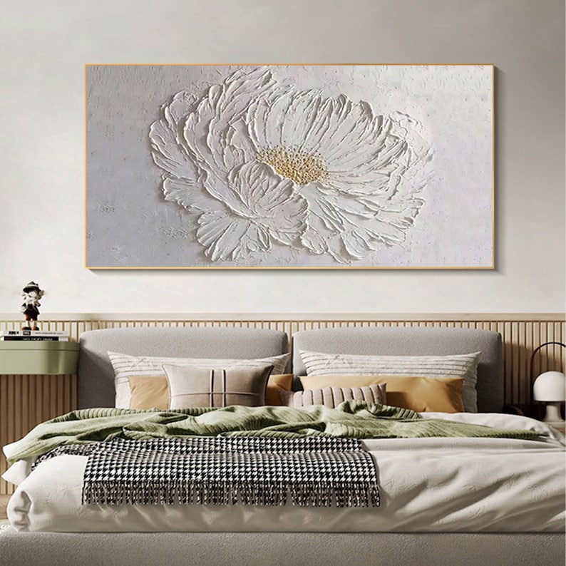 Large Flower Oil Painting on Canvas, Canvas Wall Art, Original Abstract Minimalist Art White Decor, Custom Painting Living Room Home Decor - Oil Painting Haven Oil Painting Haven