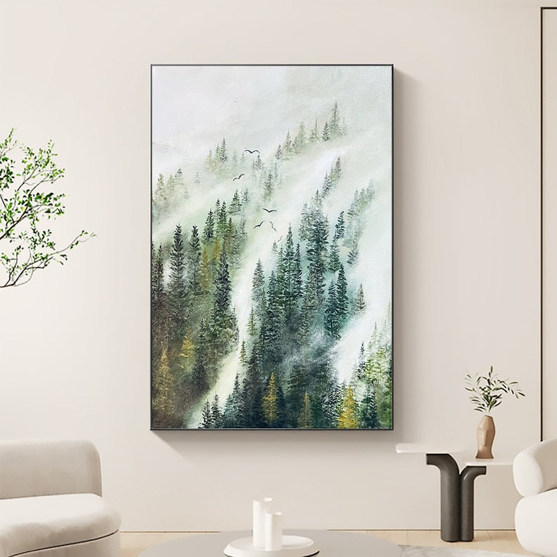 Abstract Forest Oil Painting on Canvas, Large Wall Art, Original Green Mountian Landscape Art, Minimalist Custom Painting Living Room Decor - Oil Painting Haven Oil Painting Haven