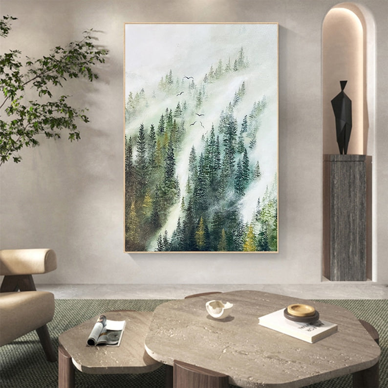 Abstract Forest Oil Painting on Canvas, Large Wall Art, Original Green Mountian Landscape Art, Minimalist Custom Painting Living Room Decor - Oil Painting Haven Oil Painting Haven