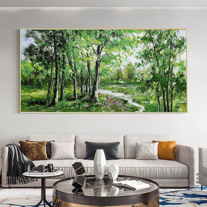 Abstract Forest Oil Painting on Canvas, Large Wall Art, Original Green Tree Landscape Art, Minimalist Custom Painting Living Room Home Decor - Oil Painting Haven Oil Painting Haven