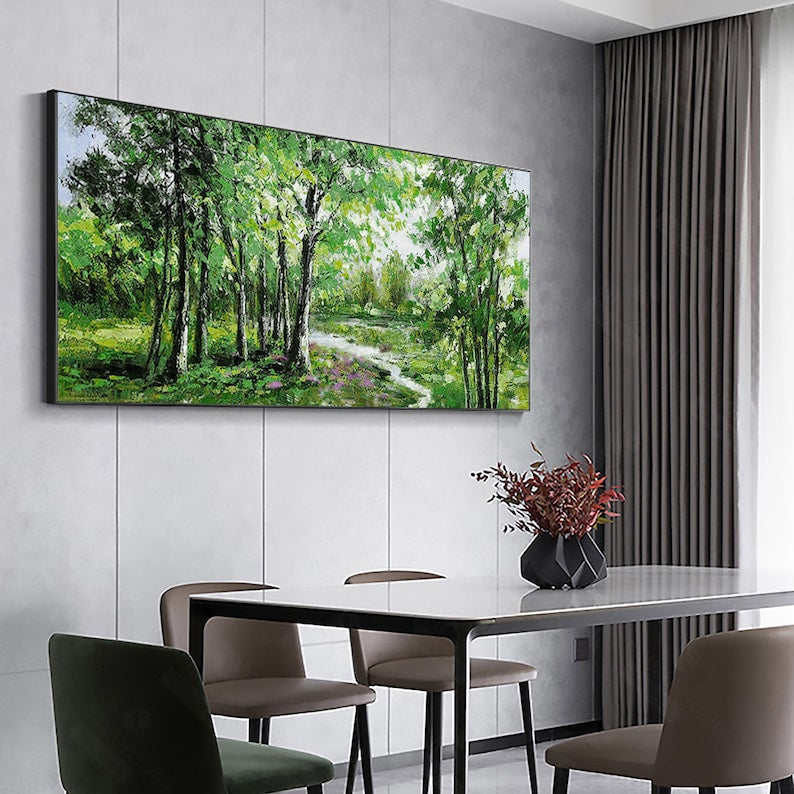 Abstract Forest Oil Painting on Canvas, Large Wall Art, Original Green Tree Landscape Art, Minimalist Custom Painting Living Room Home Decor - Oil Painting Haven Oil Painting Haven