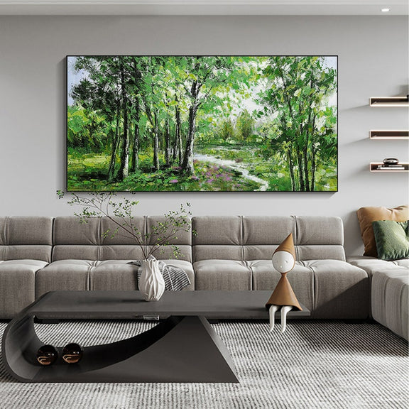 Abstract Forest Oil Painting on Canvas, Large Wall Art, Original Green Tree Landscape Art, Minimalist Custom Painting Living Room Home Decor - Oil Painting Haven Oil Painting Haven