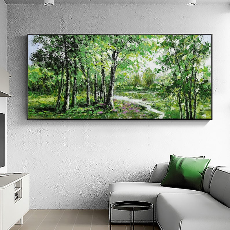 Abstract Forest Oil Painting on Canvas, Large Wall Art, Original Green Tree Landscape Art, Minimalist Custom Painting Living Room Home Decor - Oil Painting Haven Oil Painting Haven