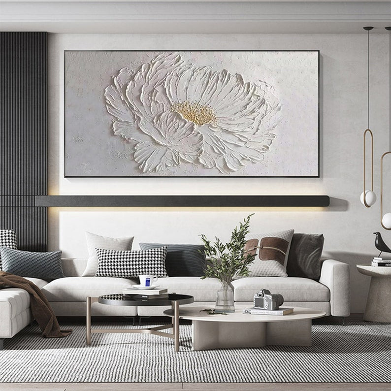 Large Flower Oil Painting on Canvas, Canvas Wall Art, Original Abstract Minimalist Art White Decor, Custom Painting Living Room Home Decor - Oil Painting Haven Oil Painting Haven