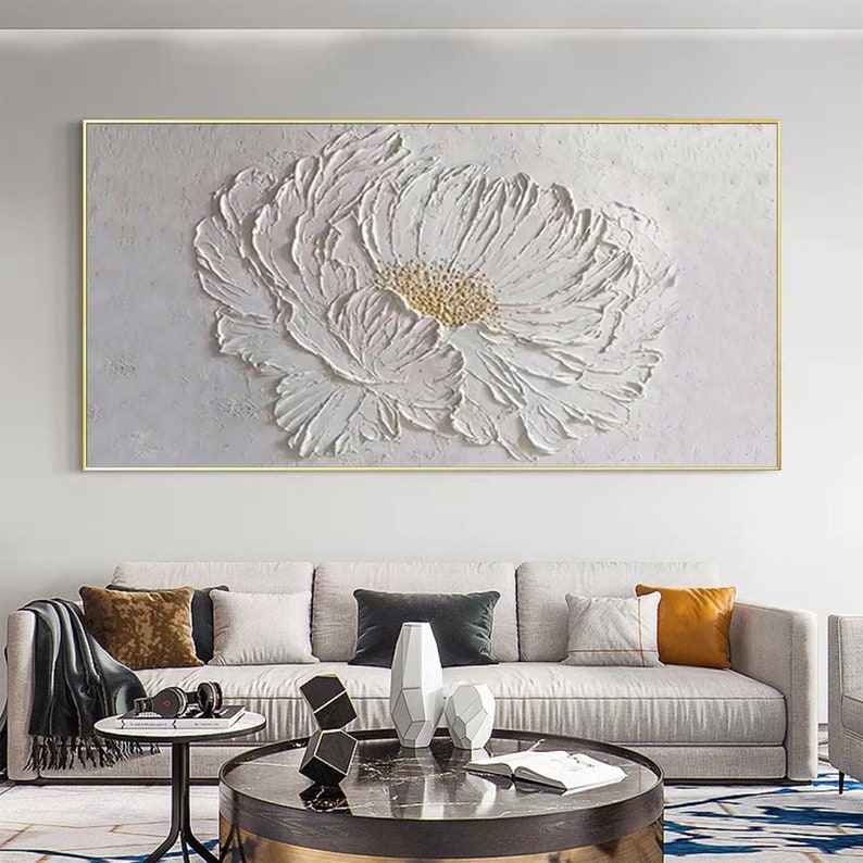 Large Flower Oil Painting on Canvas, Canvas Wall Art, Original Abstract Minimalist Art White Decor, Custom Painting Living Room Home Decor - Oil Painting Haven