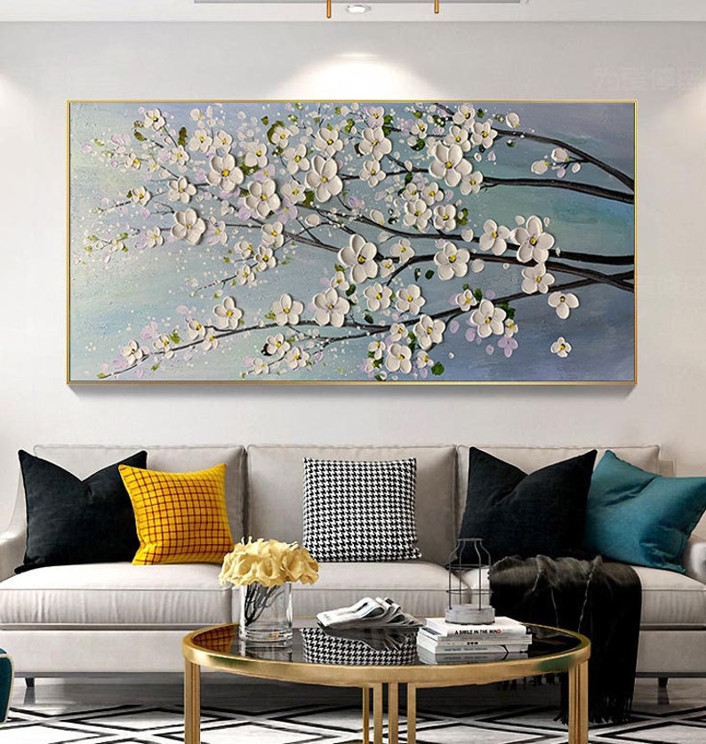 3D Flower Oil Painting On Canvas,Original White Cherry Flower,Large Wall Art, Palette Knife Painting,Textured Acrylic Painting,Handmade Art - Oil Painting Haven