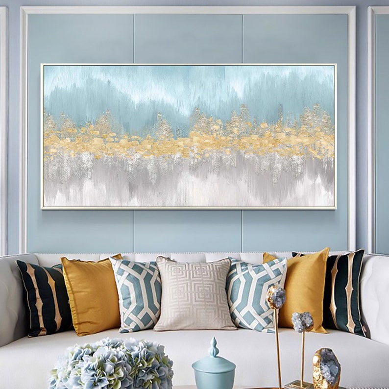 Minimalist Gold Leaf Oil Painting on Canvas, Large Wall Art, Original Abstract Blue Decor Custom Painting Gold Wall Decor Living Room Decor - Oil Painting Haven