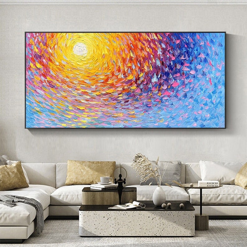 Large Abstract Sunset Seascape Oil Painting on Canvas, Original Modern Custom Colorful Flower Acrylic Painting Boho Bedroom Wall Art Decor - Oil Painting Haven