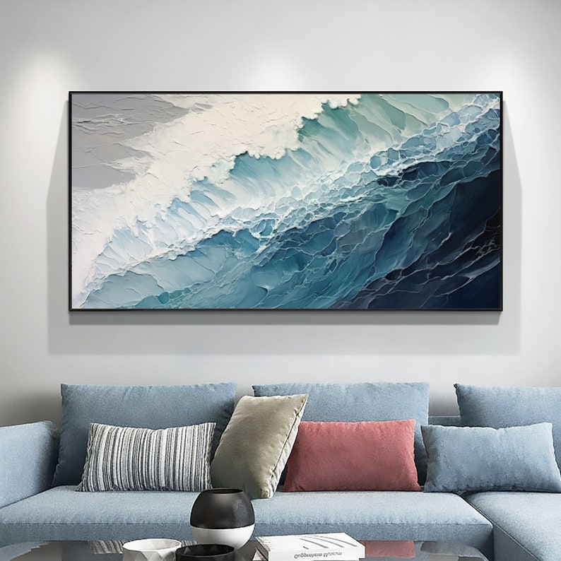 Original Ocean Wave Oil Painting On Canvas, Large Wall Art, Abstract Minimalist Painting, Custom Blue Sea Wall Art Living Room Decor Gift - Oil Painting Haven