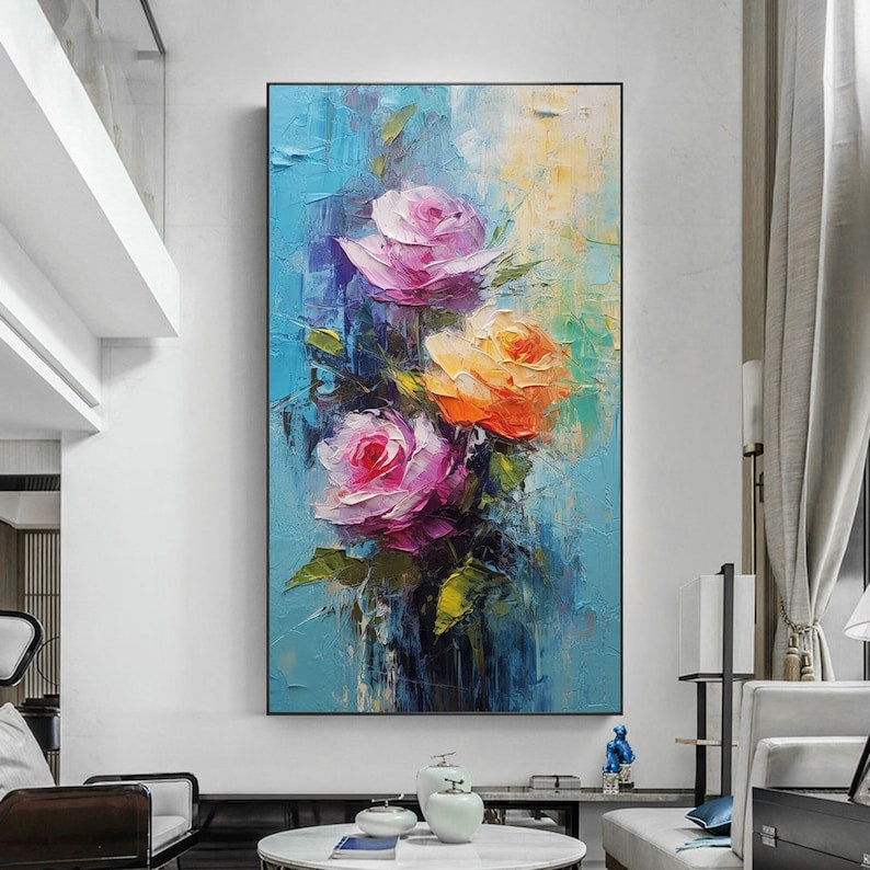 Abstract Colorful Flower Oil Painting On Canvas, Large Wall Art Custom Painting, Original Minimalist Floral Wall Art Living Room Decor Gift - Oil Painting Haven