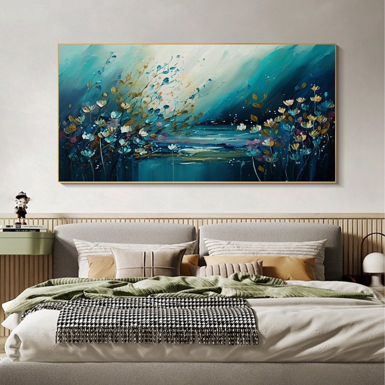 Original Ocean Landscape Oil Painting On Canvas, Large Wall Art, Abstract Blue Flower Painting, Custom Seascape Painting, Living Room Decor - Oil Painting Haven Oil Painting Haven