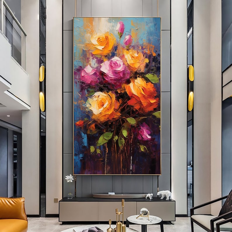 Colorful Flower Oil Painting On Canvas, Large Wall Art Custom Painting, Original Abstract Floral Wall Art Minimalist Living Room Decor Gift - Oil Painting Haven