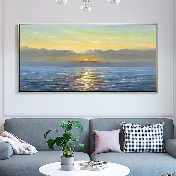 Abstract Sunrise Ocean Landscape Oil Painting on Canvas, Large Original Custom Blue Sea Beach Acrylic Painting Living Room Wall Art Decor - Oil Painting Haven Oil Painting Haven