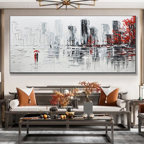 Abstract Romantic Couple Oil Painting on Canvas, Large Wall Art, Original City Landscape Painting Minimalist Art Custom Living Room Decor - Oil Painting Haven Oil Painting Haven