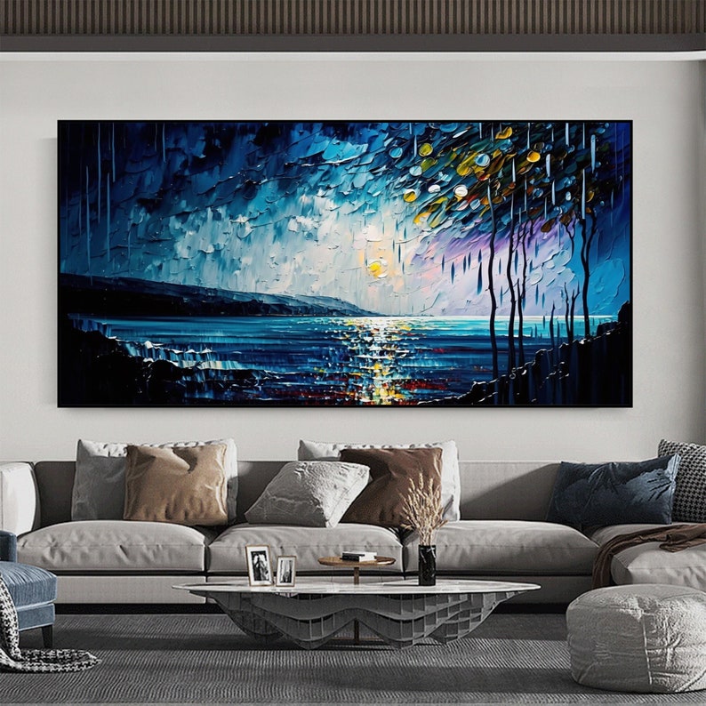 Abstract Original Night Seascape Oil Painting On Canvas, Large Wall Art Blue Ocean Landscape Painting Custom Painting Living Room Wall Decor - Oil Painting Haven