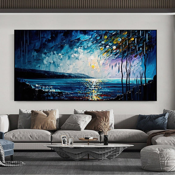 Abstract Original Night Seascape Oil Painting On Canvas, Large Wall Art Blue Ocean Landscape Painting Custom Painting Living Room Wall Decor - Oil Painting Haven Oil Painting Haven