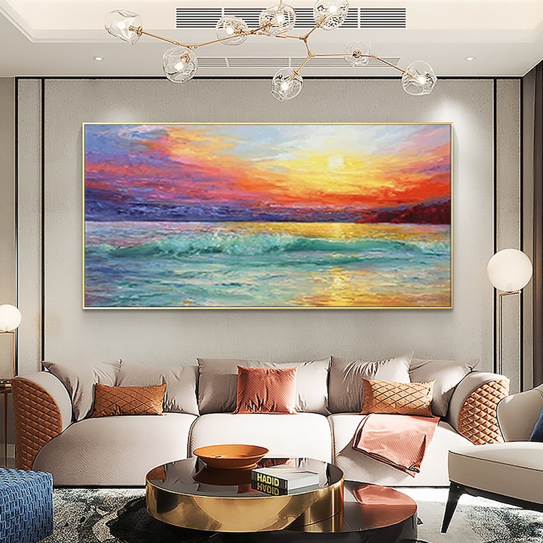 Abstract Sunrise Ocean Oil Painting on Canvas, Large Original Custom Modern Textured Coastal Landscape Painting Living Room Wall Home Decor - Oil Painting Haven