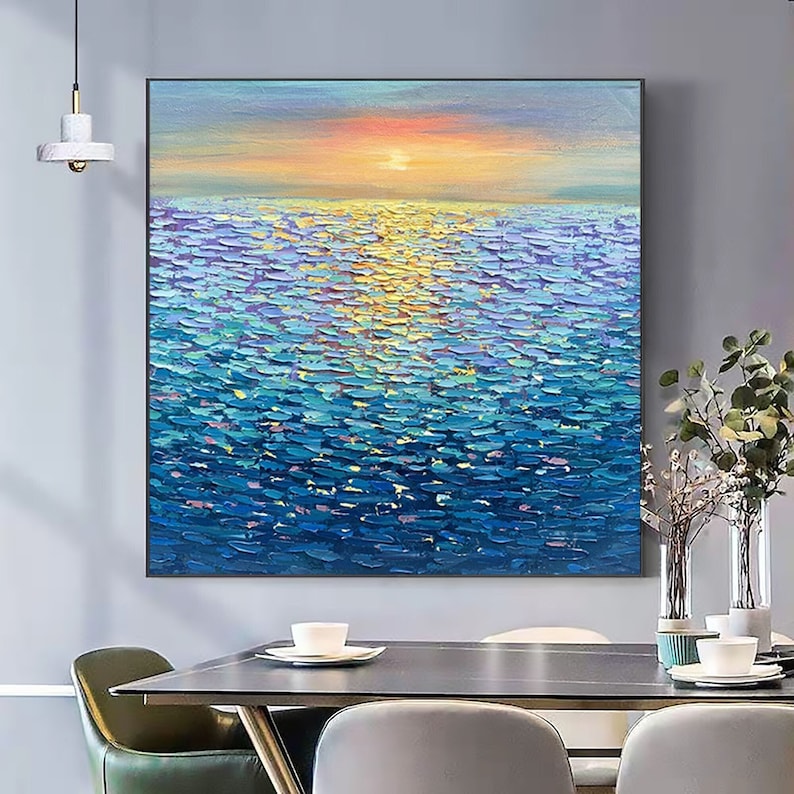 Large Ocean Landscape Oil Painting on Canvas, Original Abstract Sunset Seascape Art, Custom Minimalist Blue Wall Art Living Room Decor Gift - Oil Painting Haven