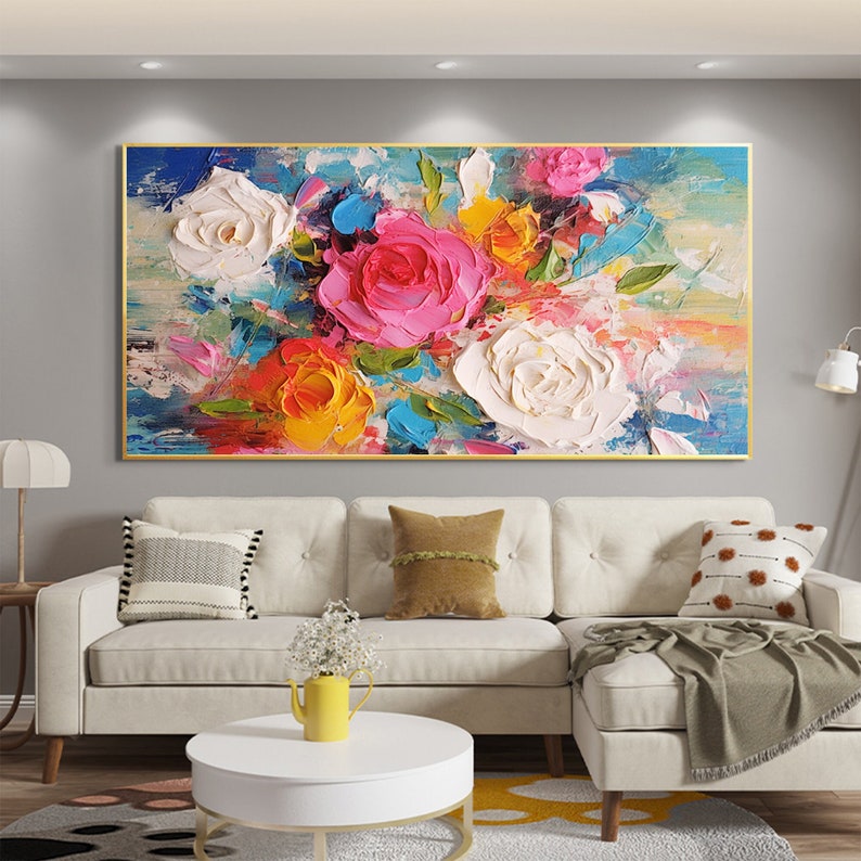 Abstract Colorful Flower Oil Painting On Canvas, Large Wall Art Custom Painting, Original Floral Wall Art Minimalist Living Room Decor Gift - Oil Painting Haven