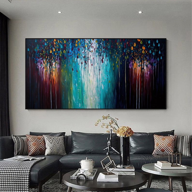 Abstract Colorful Landscape Oil Painting on Canvas, Large Wall Art Custom Painting, Original Tree Leaf Art Minimalist Living Room Wall Decor - Oil Painting Haven