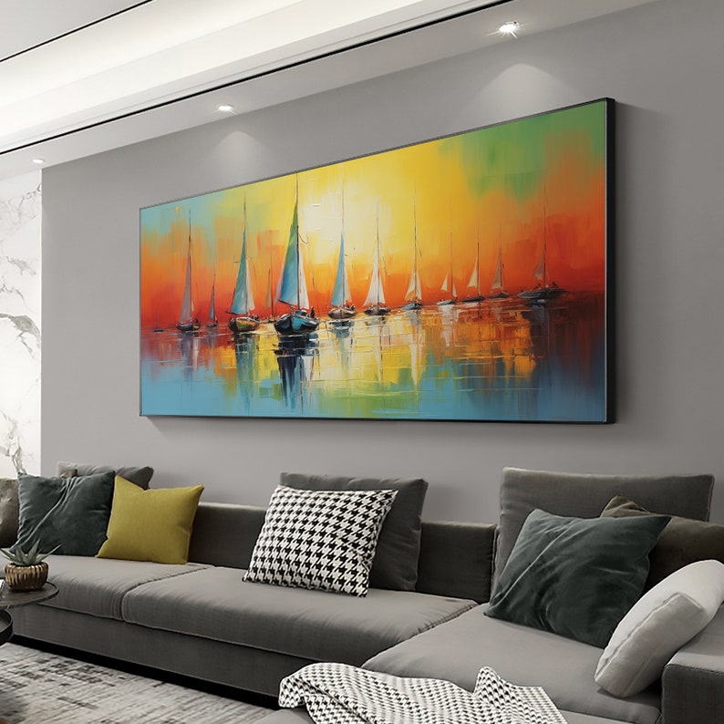 Abstract Sailboat Oil Painting On Canvas, Large Wall Art Original Nautical Art Ocean Landscape Art Sunset Decor, Custom Painting Home Decor - Oil Painting Haven Oil Painting Haven