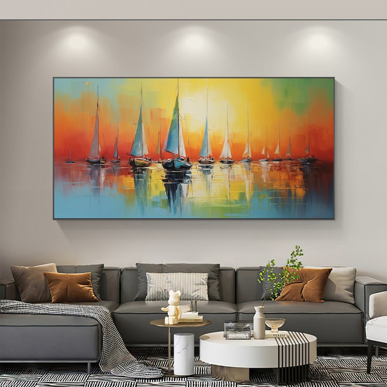 Abstract Sailboat Oil Painting On Canvas, Large Wall Art Original Nautical Art Ocean Landscape Art Sunset Decor, Custom Painting Home Decor - Oil Painting Haven Oil Painting Haven