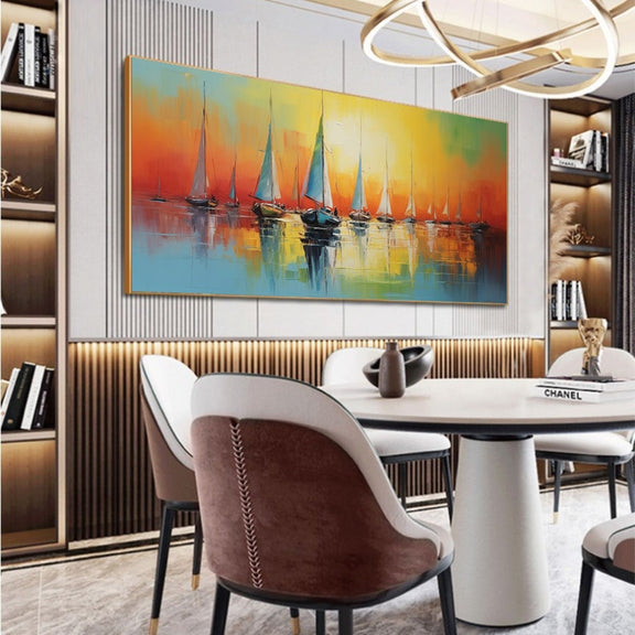 Abstract Sailboat Oil Painting On Canvas, Large Wall Art Original Nautical Art Ocean Landscape Art Sunset Decor, Custom Painting Home Decor - Oil Painting Haven Oil Painting Haven