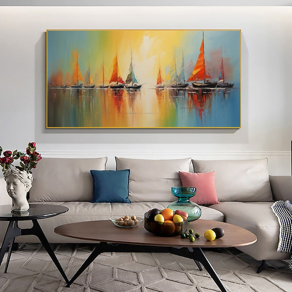 Abstract Nautical Oil Painting On Canvas, Large Wall Art Original Sunset Ocean Landscape Art, Custom Painting Minimalist Living Room Decor - Oil Painting Haven Oil Painting Haven