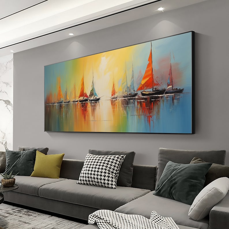 Abstract Nautical Oil Painting On Canvas, Large Wall Art Original Sunset Ocean Landscape Art, Custom Painting Minimalist Living Room Decor - Oil Painting Haven Oil Painting Haven