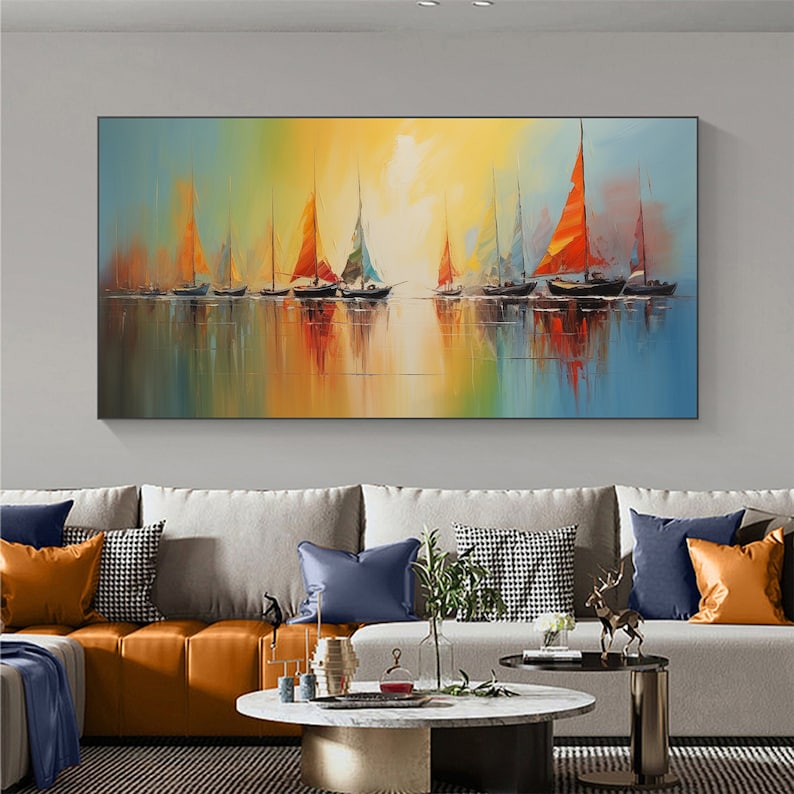 Abstract Nautical Oil Painting On Canvas, Large Wall Art Original Sunset Ocean Landscape Art, Custom Painting Minimalist Living Room Decor - Oil Painting Haven