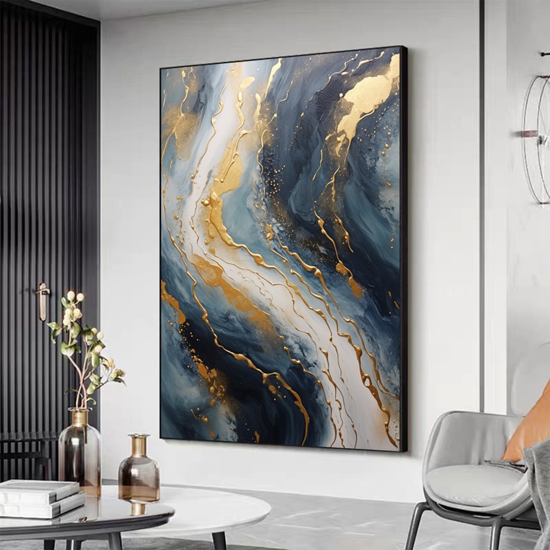 Abstract Gold Foil Texture Oil Painting On Canvas, Large Wall Art Custom Painting,Original Blue Wall Decor Minimalist Living Room Decor Gift - Oil Painting Haven Oil Painting Haven