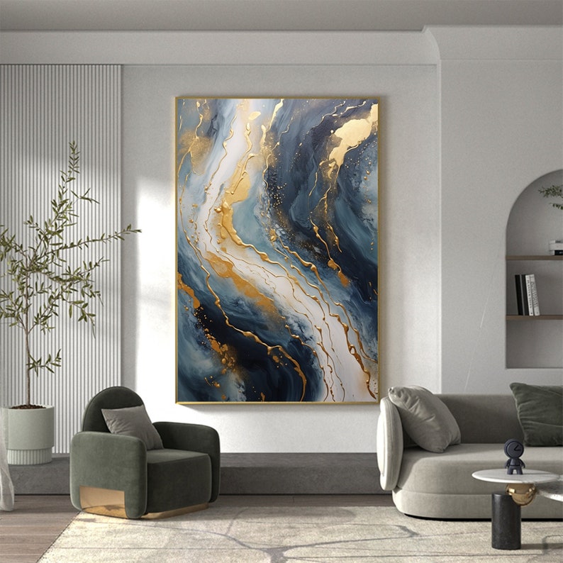 Abstract Gold Foil Texture Oil Painting On Canvas, Large Wall Art Custom Painting,Original Blue Wall Decor Minimalist Living Room Decor Gift - Oil Painting Haven