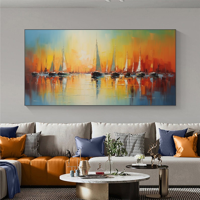 Original Nautical Seascape Oil Painting on Canvas, Large Wall Art Abstract Sailboat Art Ocean Decor, Custom Painting Minimalist Home Decor - Oil Painting Haven Oil Painting Haven