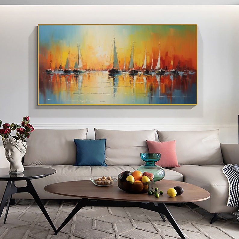 Original Nautical Seascape Oil Painting on Canvas, Large Wall Art Abstract Sailboat Art Ocean Decor, Custom Painting Minimalist Home Decor - Oil Painting Haven Oil Painting Haven