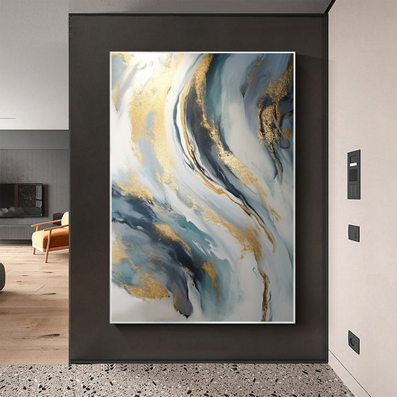 Abstract Gold Foil Texture Oil Painting On Canvas, Large Wall Art Custom Painting,Original Blue Wall Decor Minimalist Living Room Decor Gift - Oil Painting Haven Oil Painting Haven