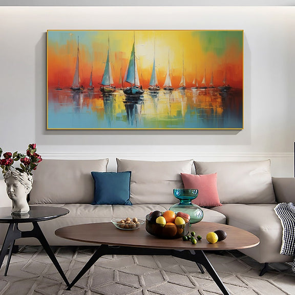 Abstract Sailboat Oil Painting On Canvas, Large Wall Art Original Nautical Art Ocean Landscape Art Sunset Decor, Custom Painting Home Decor - Oil Painting Haven Oil Painting Haven