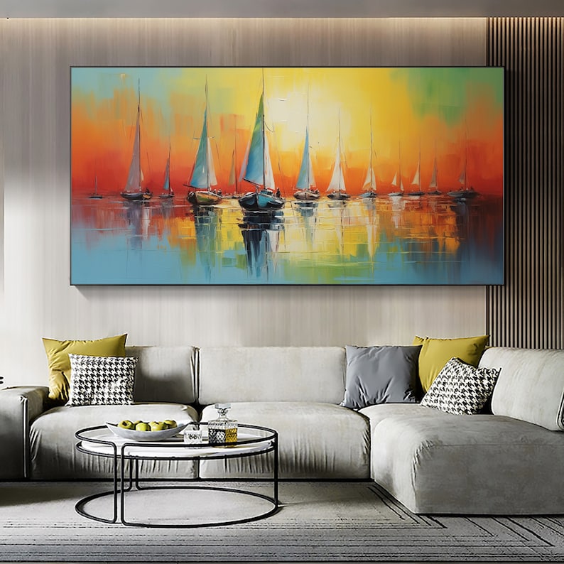 Abstract Sailboat Oil Painting On Canvas, Large Wall Art Original Nautical Art Ocean Landscape Art Sunset Decor, Custom Painting Home Decor - Oil Painting Haven Oil Painting Haven