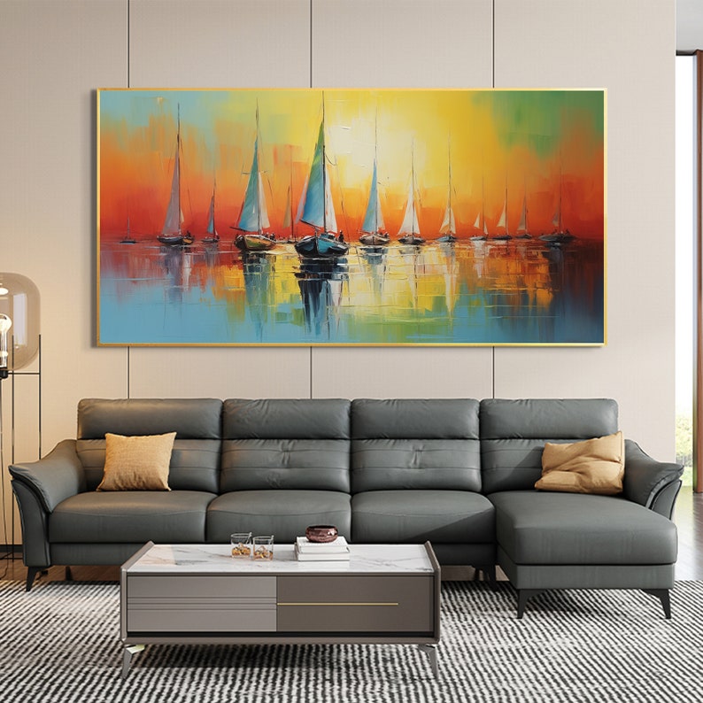 Abstract Sailboat Oil Painting On Canvas, Large Wall Art Original Nautical Art Ocean Landscape Art Sunset Decor, Custom Painting Home Decor - Oil Painting Haven Oil Painting Haven