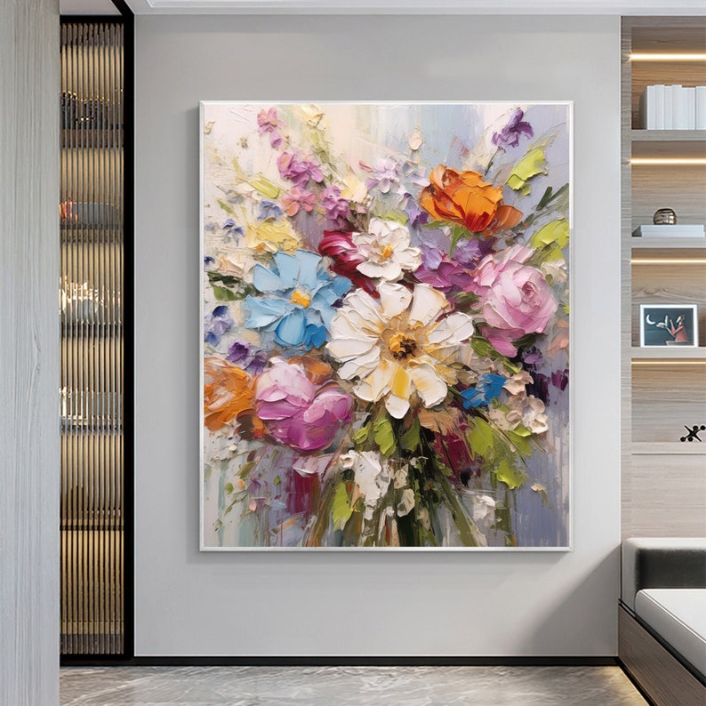 Original Colorful Flower Oil Painting on Canvas, Large Wall Art Abstract Floral Art Texture Wall Art Custom Painting Living Room Decor Gift - Oil Painting Haven