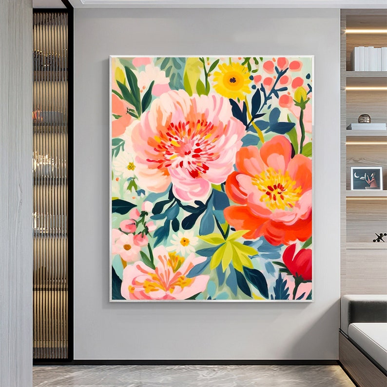 Abstract Colorful Flower Oil Painting On Canvas, Large Wall Art Custom Painting, Original Floral Wall Decor Minimalist Living Room Decor - Oil Painting Haven